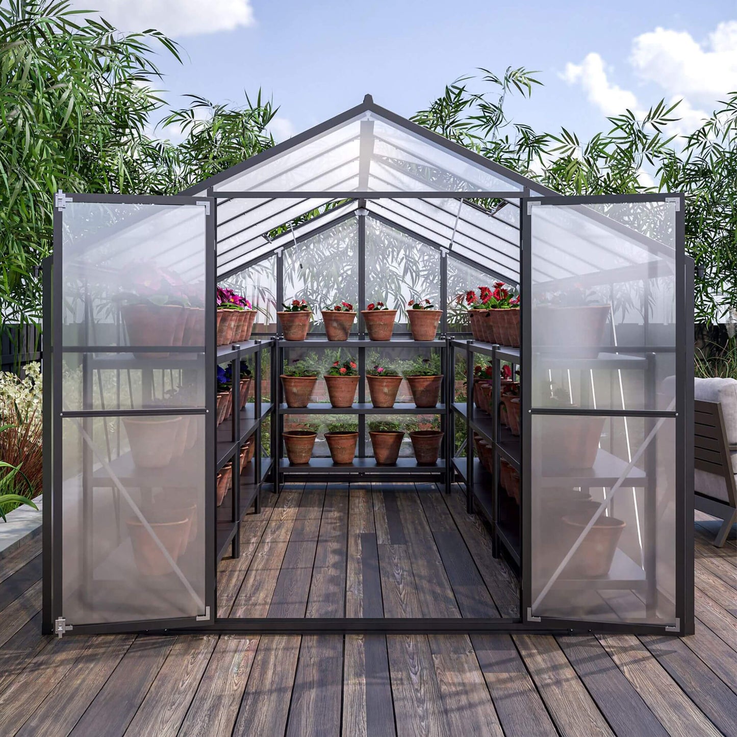 Greenhouse with plants on shelves outdoors