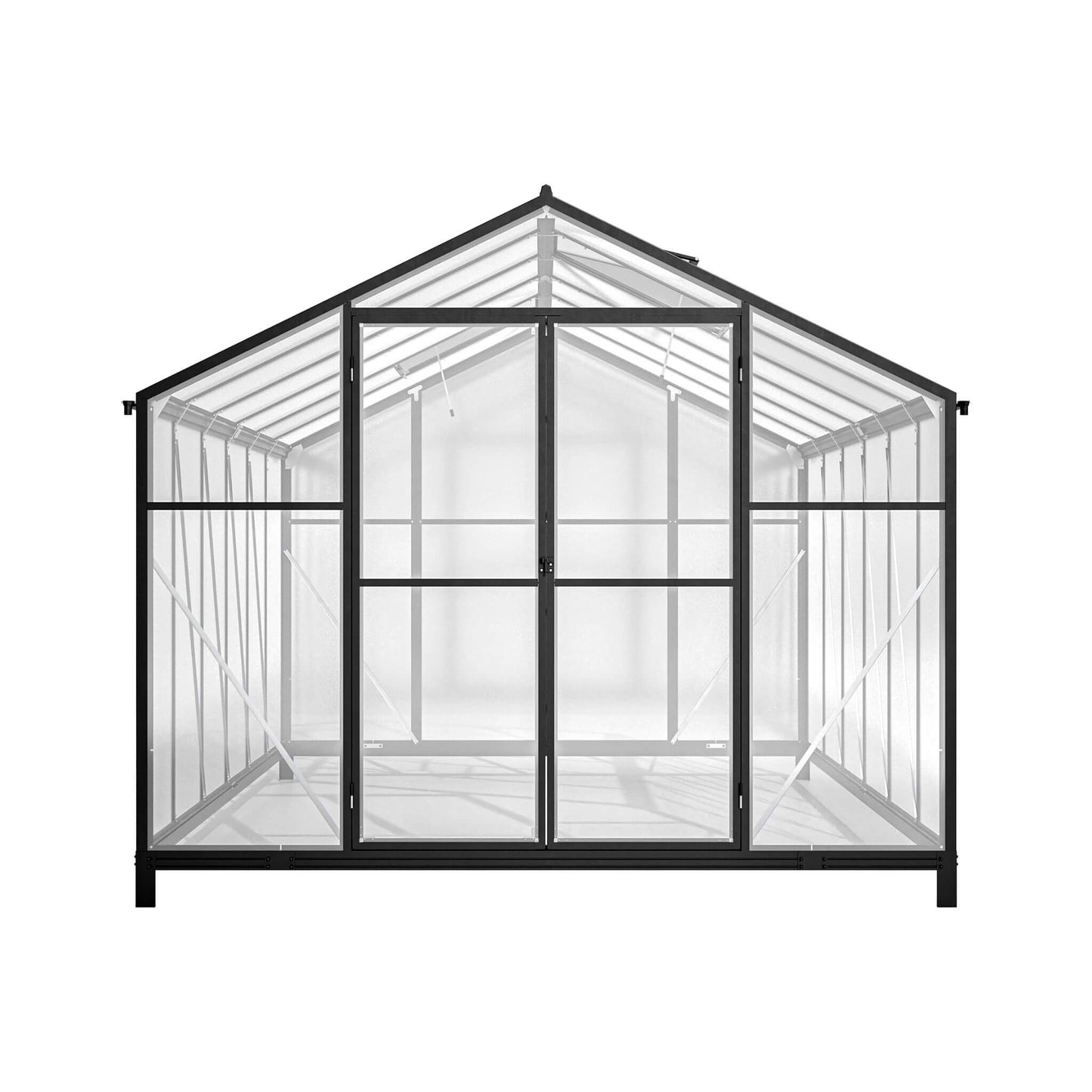 Black-framed greenhouse with transparent panels on a white background