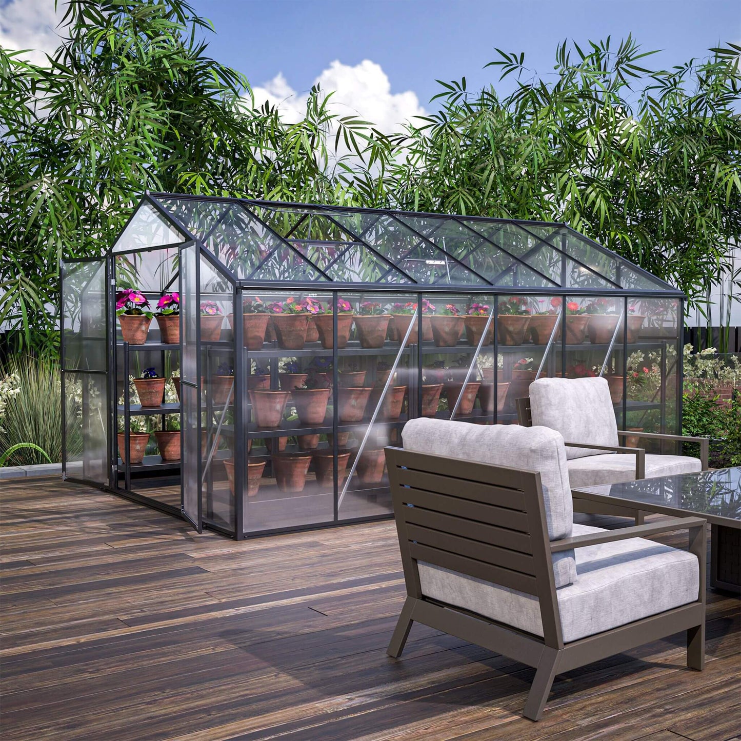 Greenhouse with plants on a wooden deck with outdoor furniture