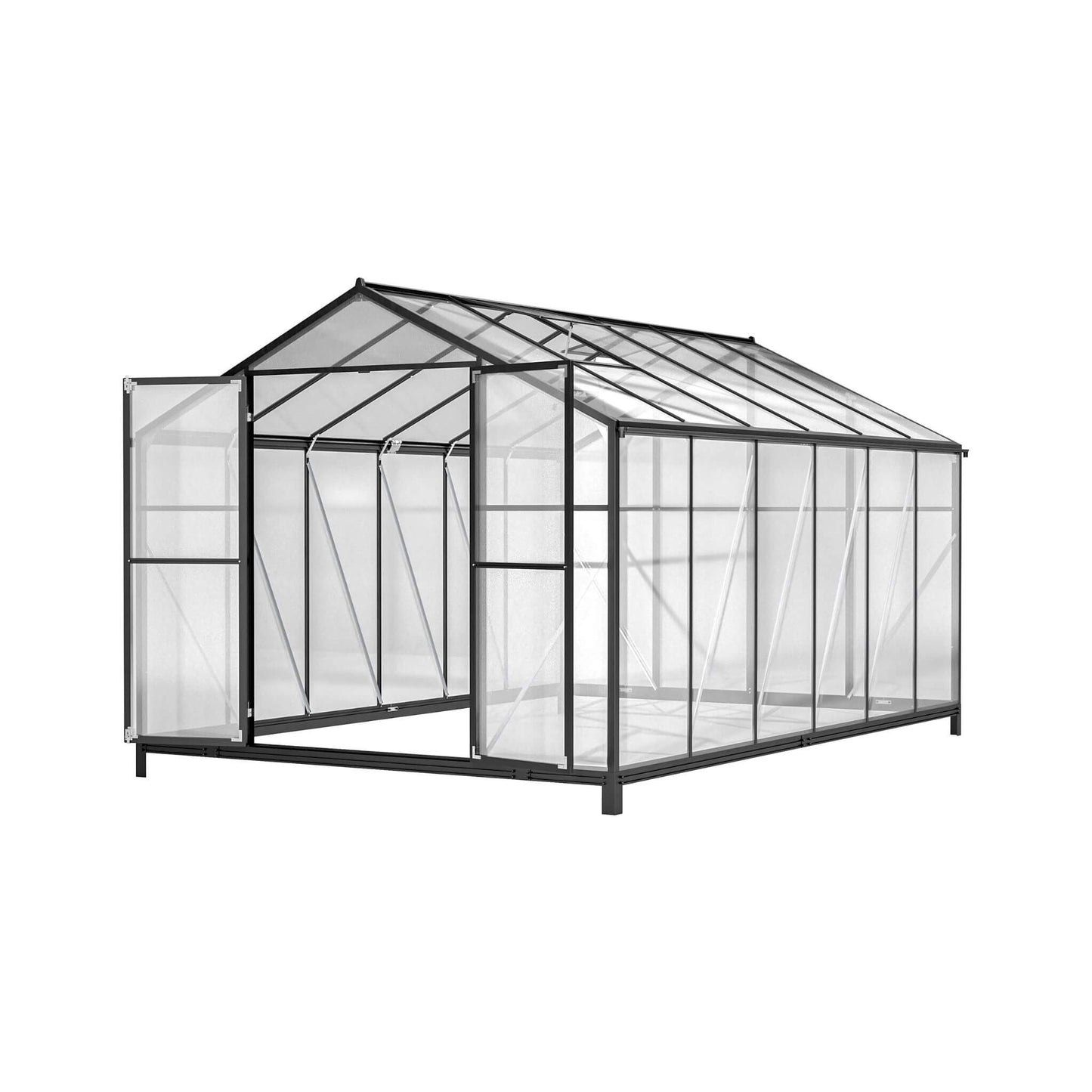 Greenhouse with transparent panels and black frame on a white background