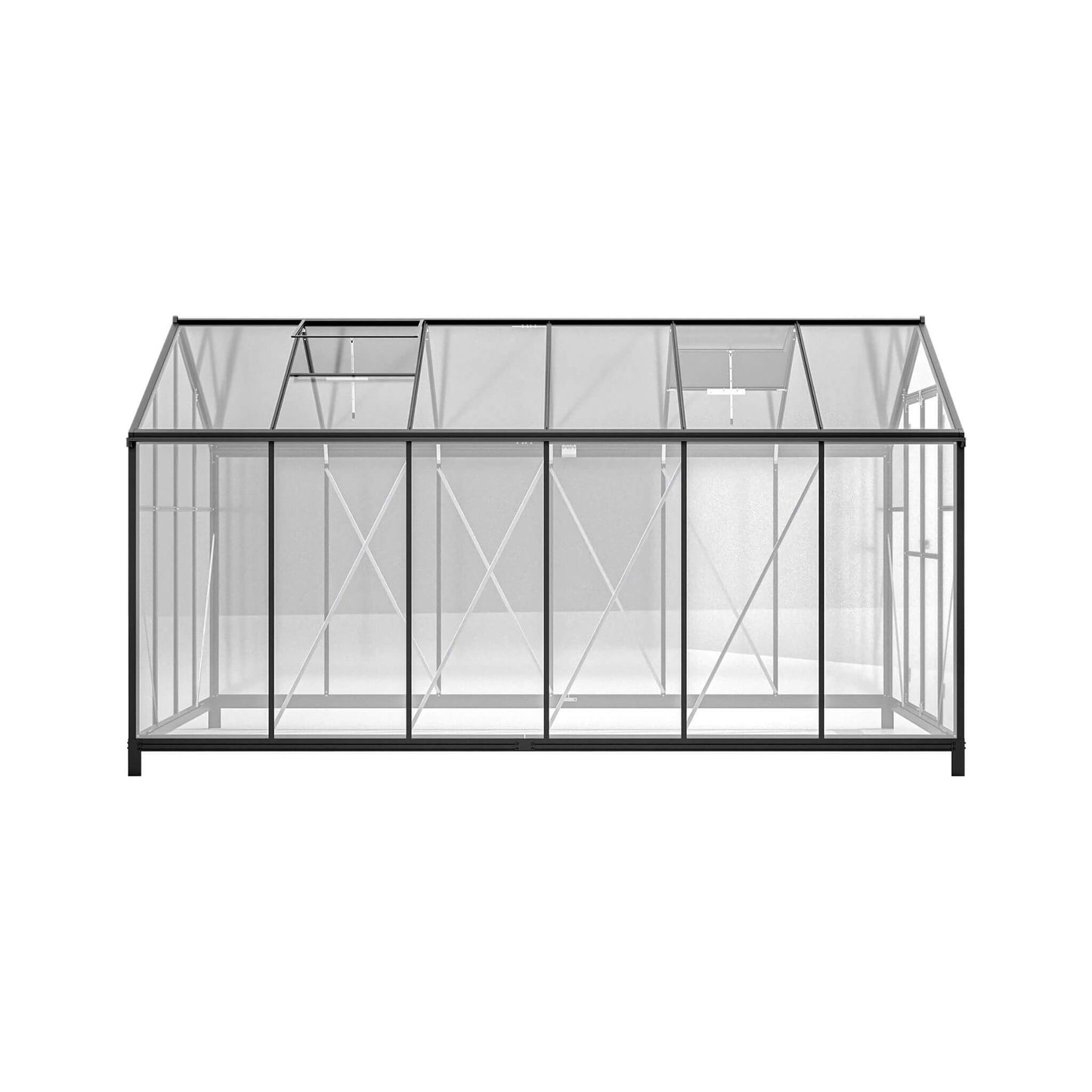 Black metal frame greenhouse with glass panels on a white background