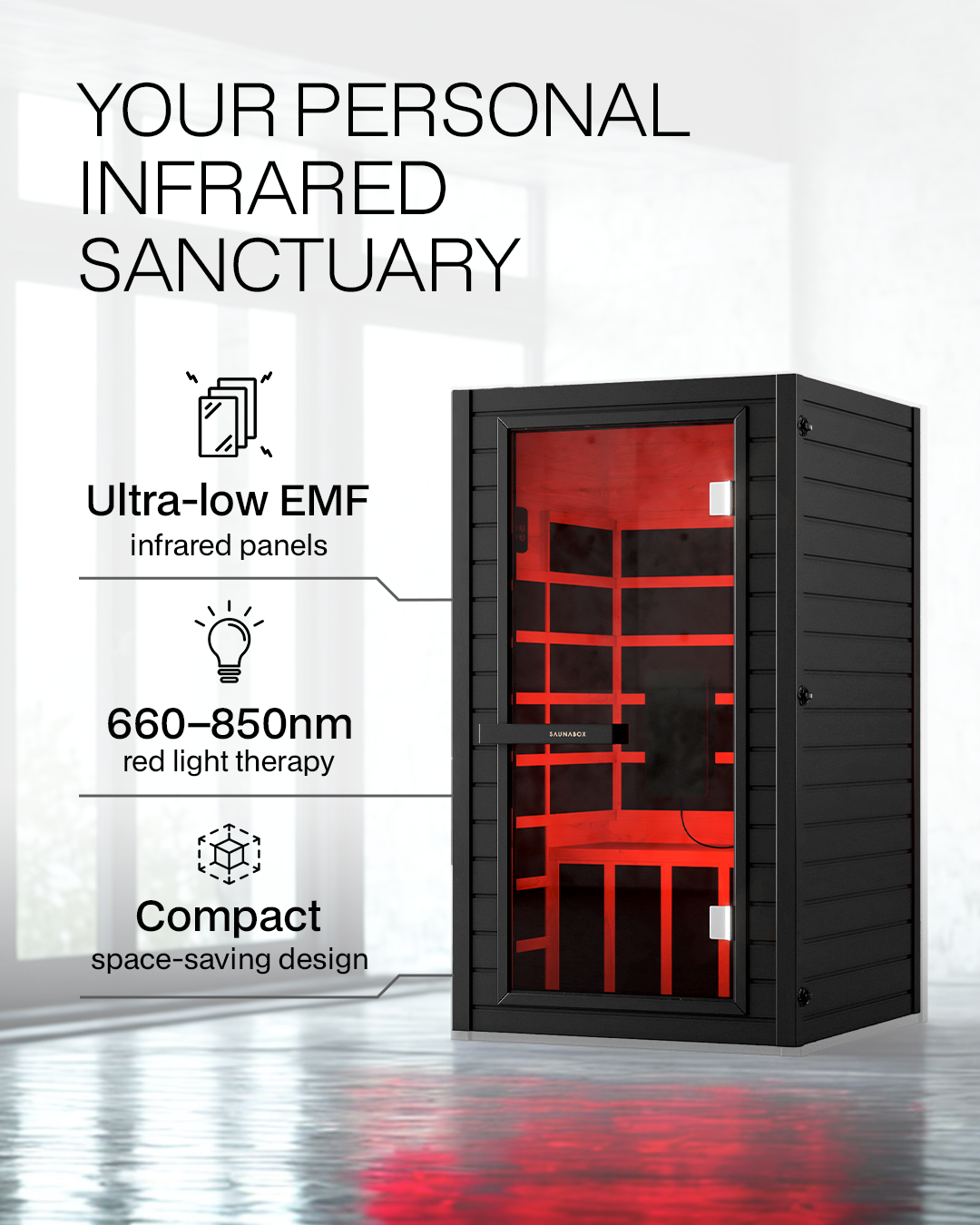 Infrared sauna with red light therapy features on a white background