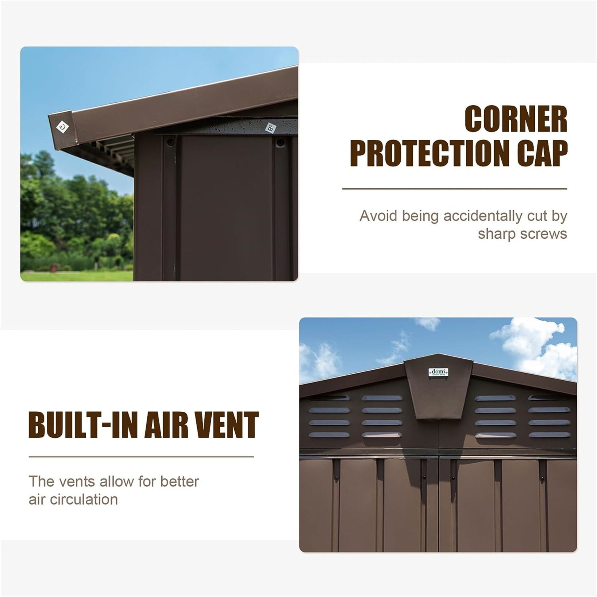 Corner protection cap and built-in air vent on a storage shed with text explaining features.
