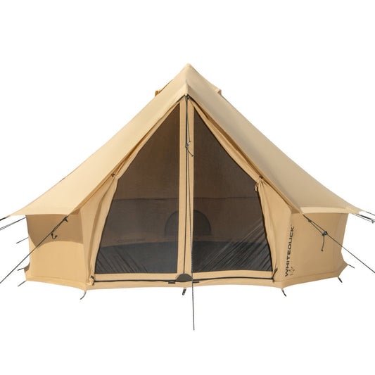 Beige tent with mesh door on a white background