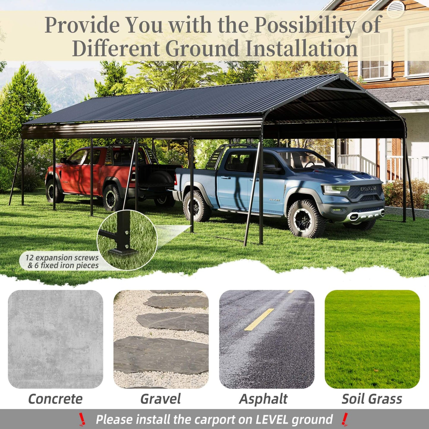 Carport installation guide with two trucks underneath, showing different ground types.