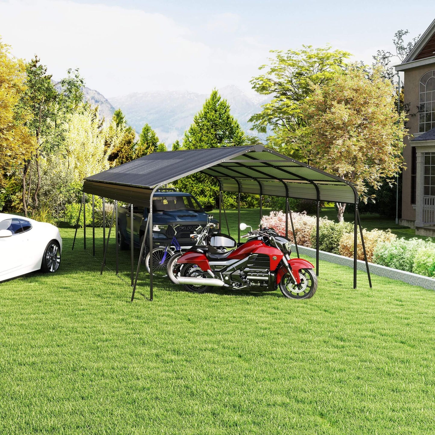 Motorcycle under a carport in a backyard setting with trees and a house in the background.