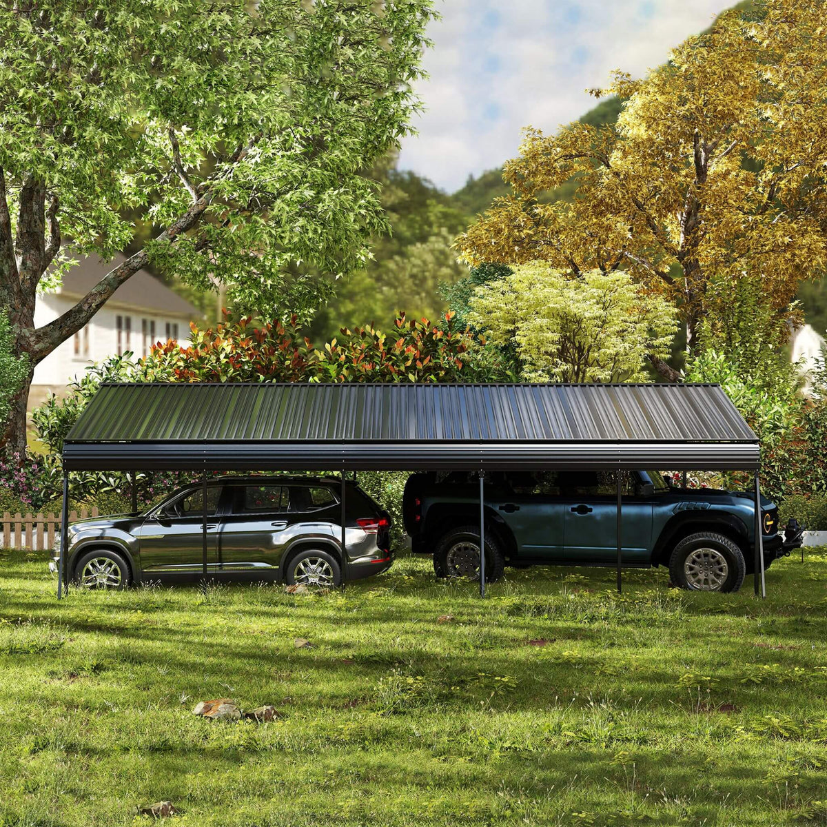 Two cars under a metal carport in a grassy area with trees and a house in the background.