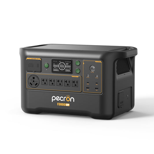 Portable power station with digital display and multiple outlets on a white background