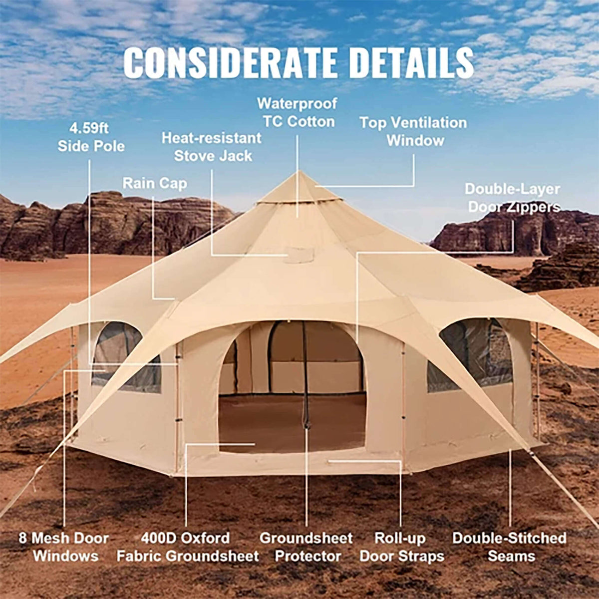 16FT Large Premium 4-Season 8-Person Bell Yurt Tent With Stove Jack