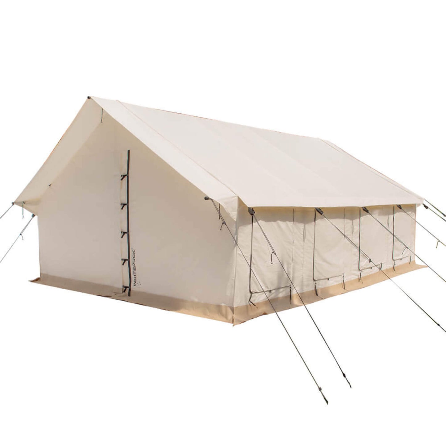 Beige camping tent with attached porch on a white background