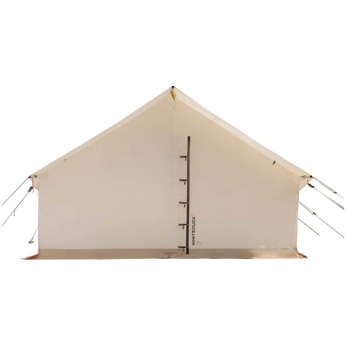 Beige camping tent with a brand logo on a white background