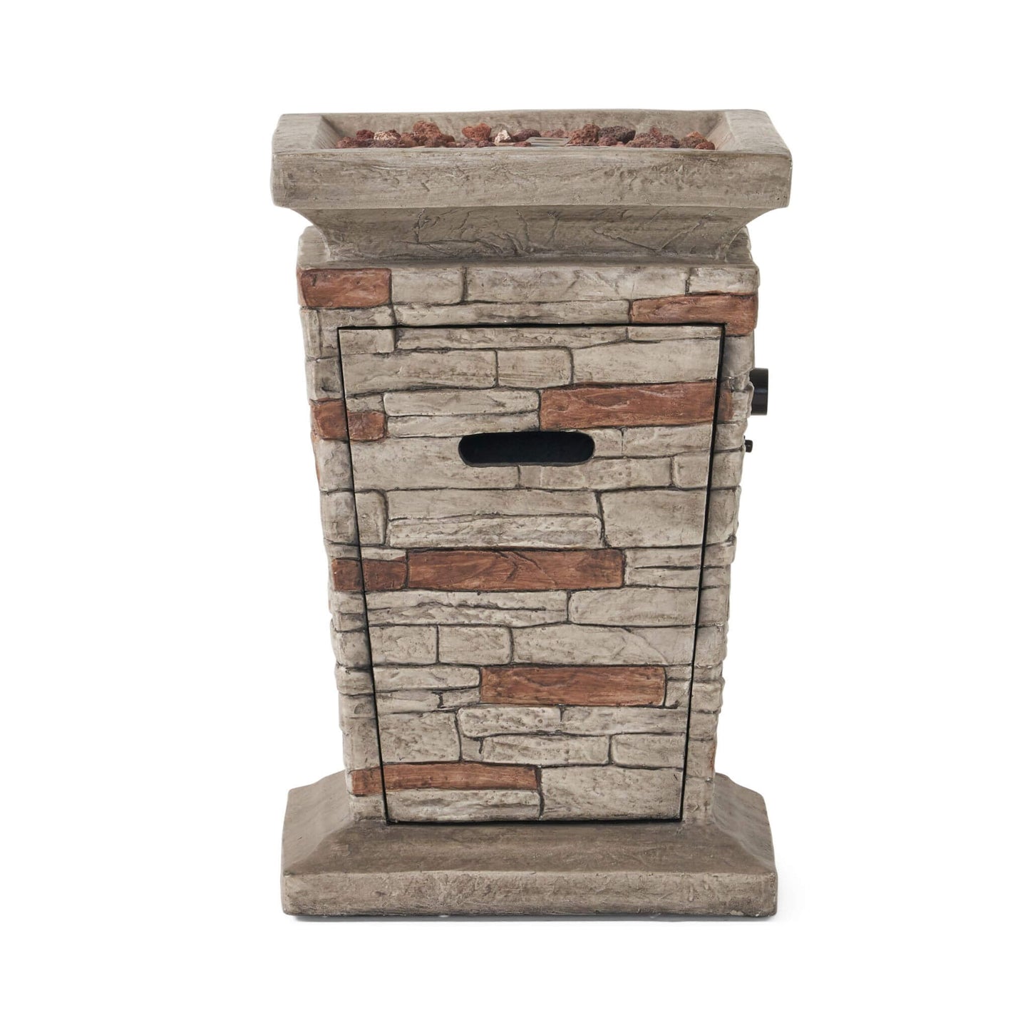 Outdoor fire column with a side panel open, revealing the hidden compartment for a standard 20 lb propane tank."