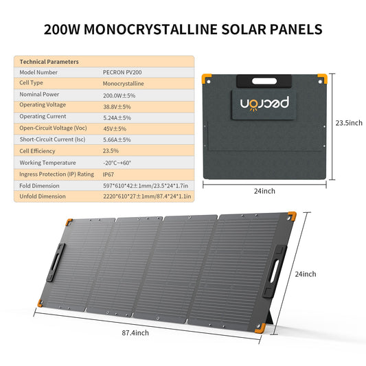 PECRON PV200 200W Portable Solar Panel – Waterproof IP67, High-Efficiency Monocrystalline