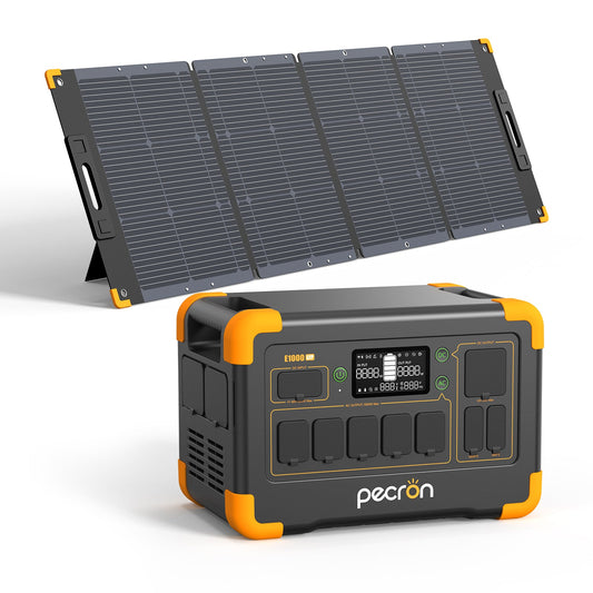 PECRON E1000LFP solar generator powering campsite devices with 200W solar panel