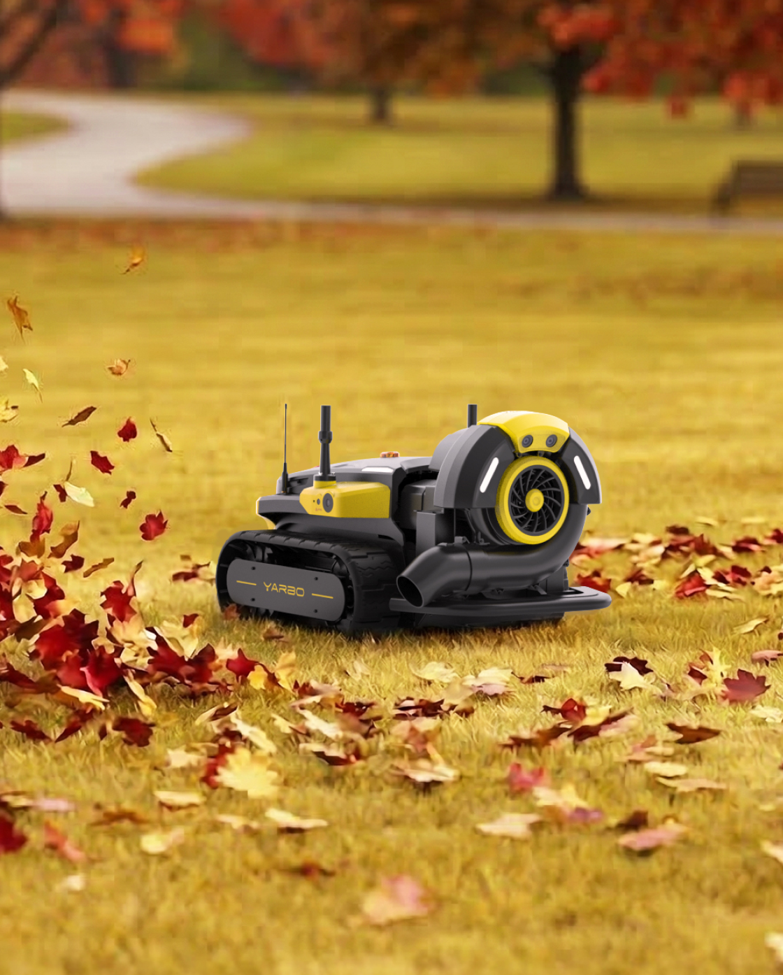 Yarbo Core clearing leaves with the leaf blower module
