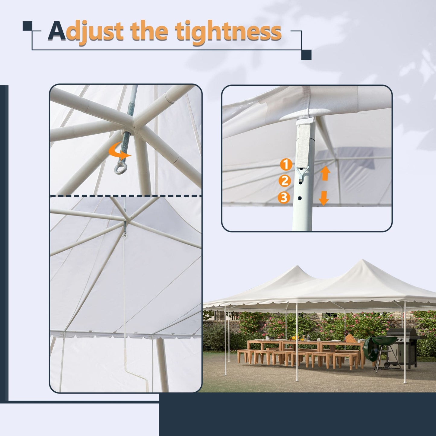 Instructions on adjusting the tightness of a white tent with close-up details and a full view of the tent.
