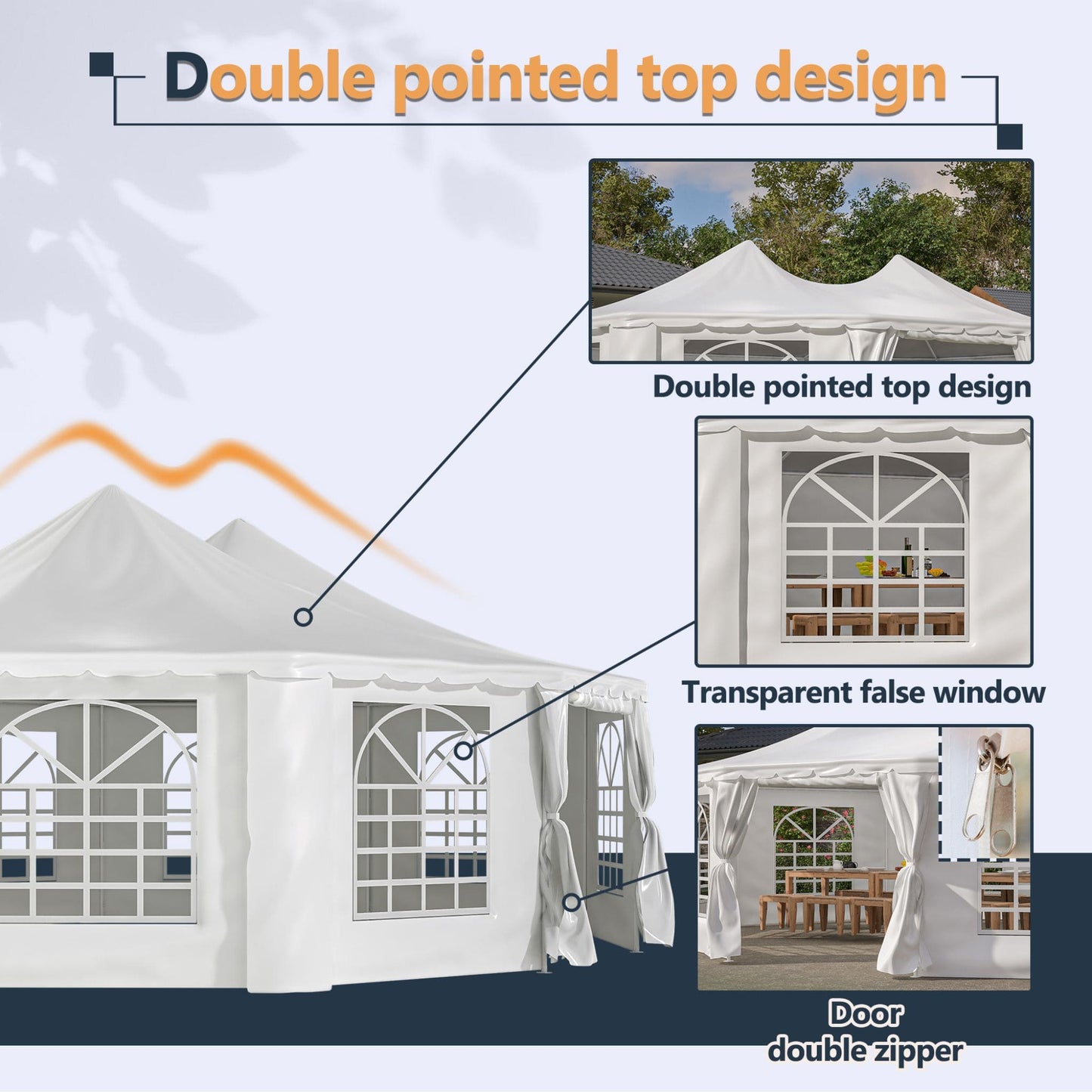 White outdoor gazebo with double pointed top design, transparent false window, and door with double zipper.