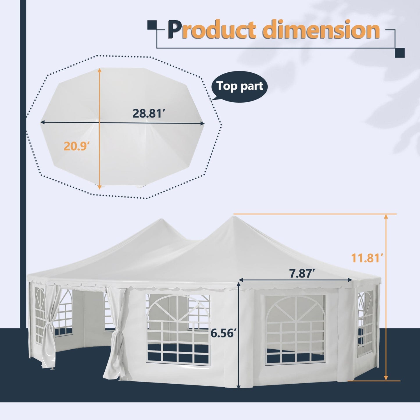 Measurement chart of a white outdoor canopy tent with dimensions labeled.