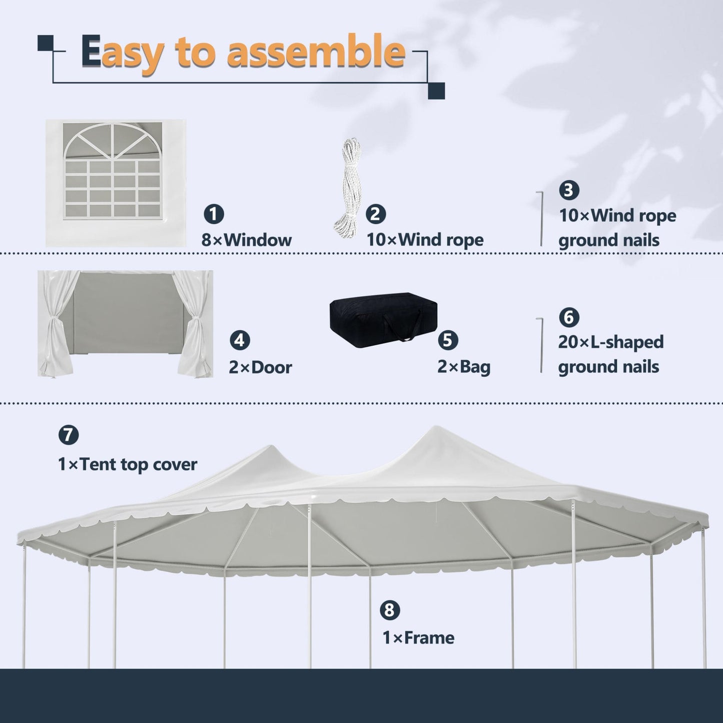 Gazebo assembly instructions with components listed and a gazebo model.