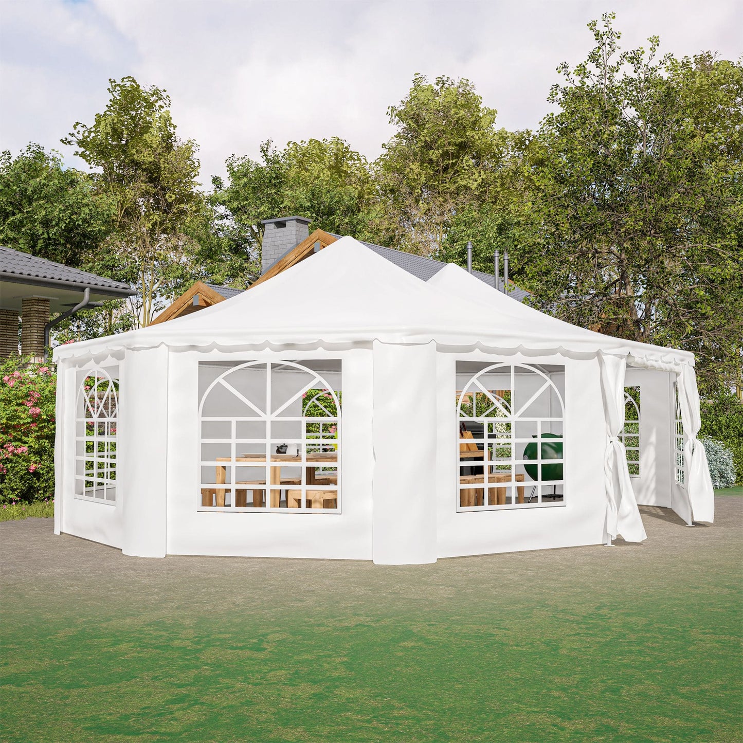 White outdoor gazebo with curtains on a grassy area with trees in the background