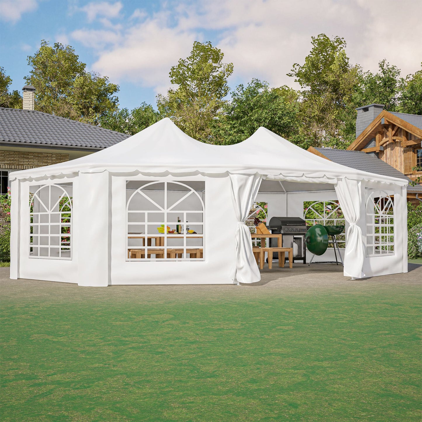 White outdoor canopy tent with curtains set up in a garden area with trees and houses in the background.