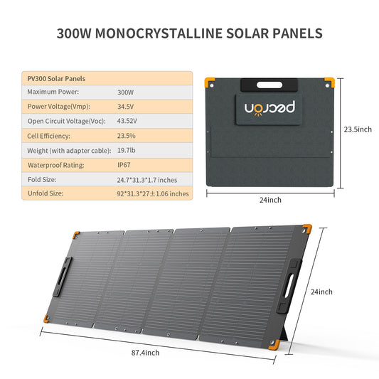 PECRON PV300 300W Portable Solar Panel – Waterproof IP67, High-Efficiency Monocrystalline