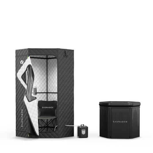 Black and white sauna box with chair and control panel on a white background