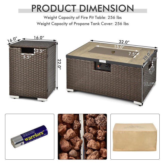 Fire pit table with dimensions and accessories on a white background