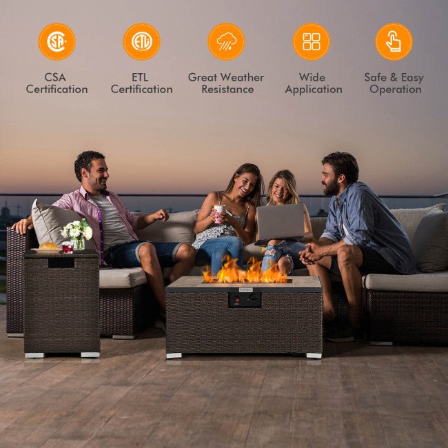 People sitting around a fire pit table on a patio with certification icons displayed.