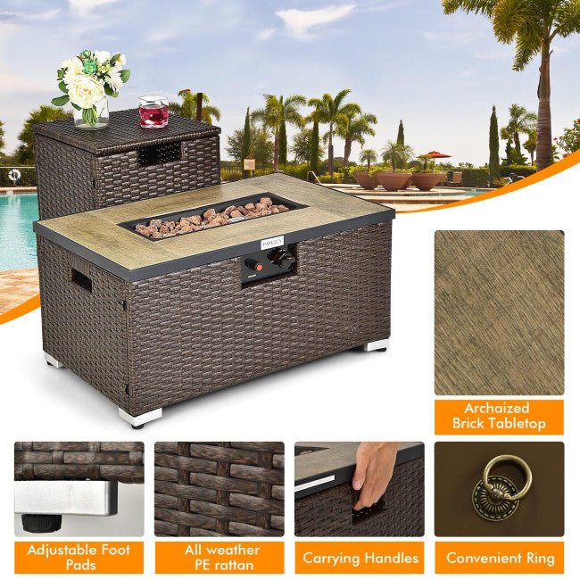 32" Propane Rattan Fire Pit Table Set W/ Side Table Tank & Cover