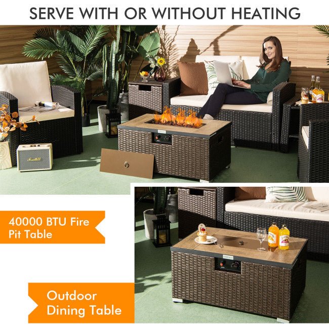 Outdoor furniture set with fire pit table and dining table, featuring a woman sitting on a sofa.
