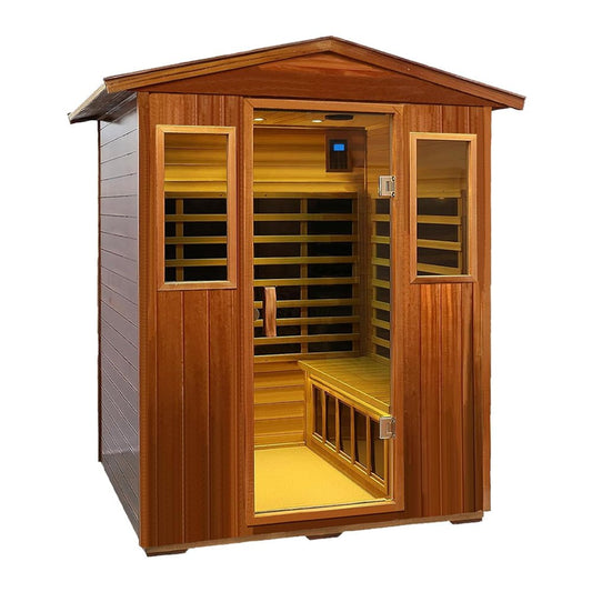Wooden infrared sauna with open door on a white background