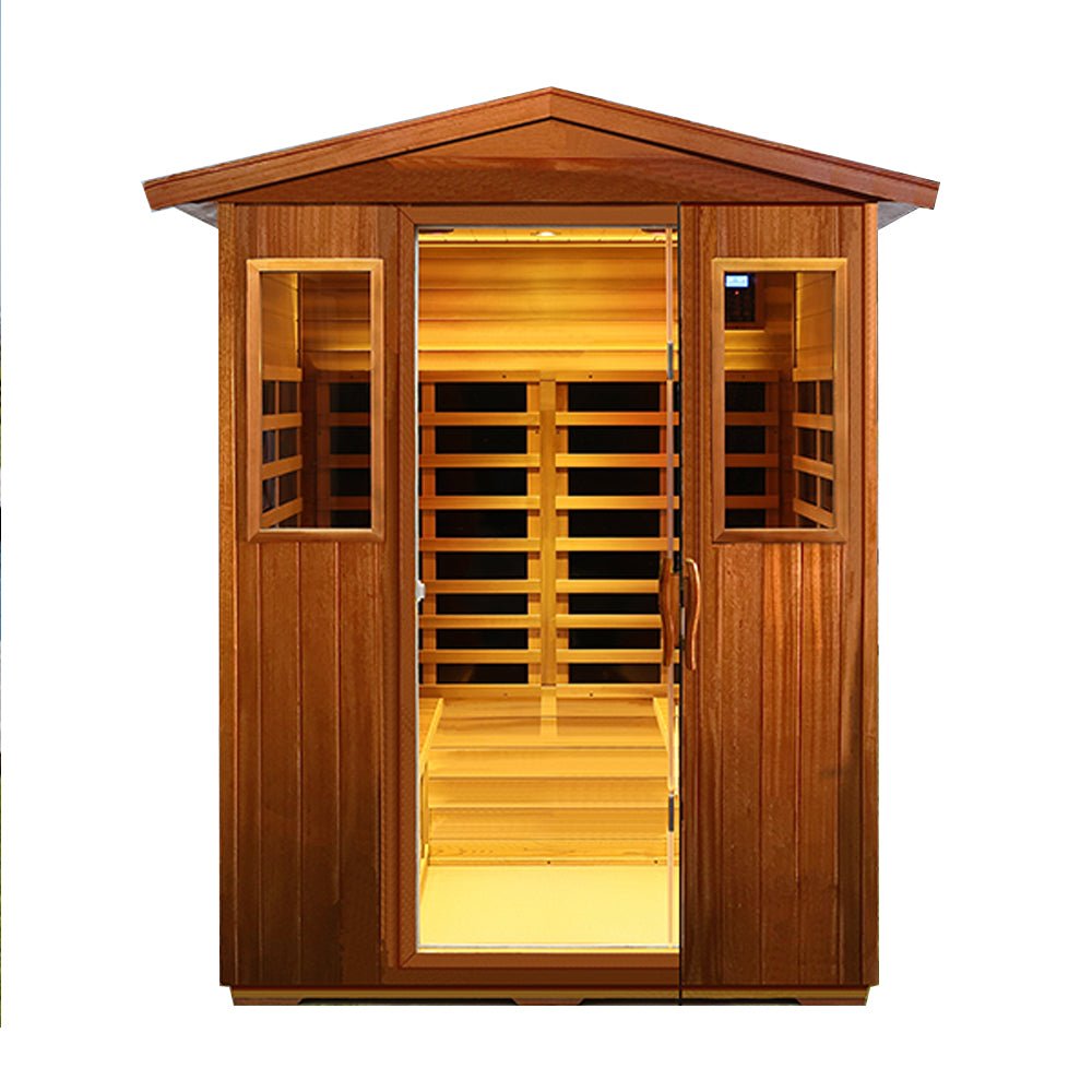 Wooden sauna with open door on a white background