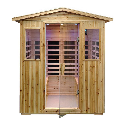 Wooden sauna with glass doors on a white background