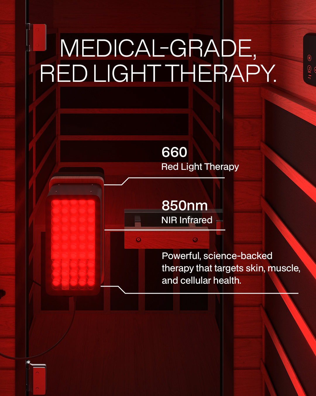 Red light therapy chamber with text highlighting medical-grade red light therapy and NIR infrared.