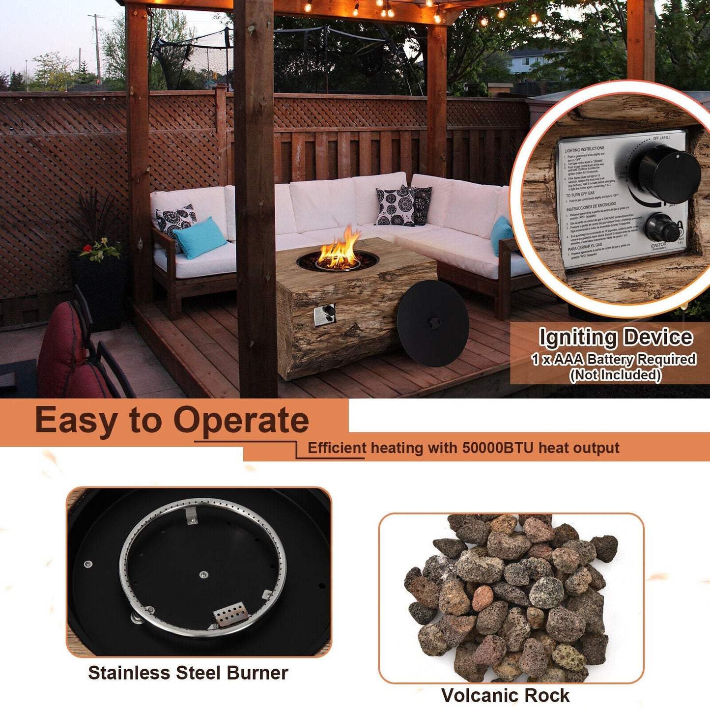 Outdoor setting with a fire pit table, seating area, and product details about the fire pit.