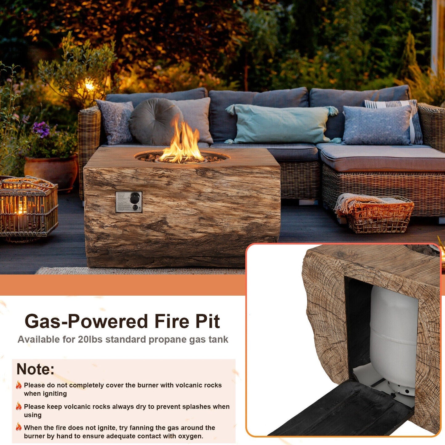 Outdoor patio setting with a gas-powered fire pit table and seating area.