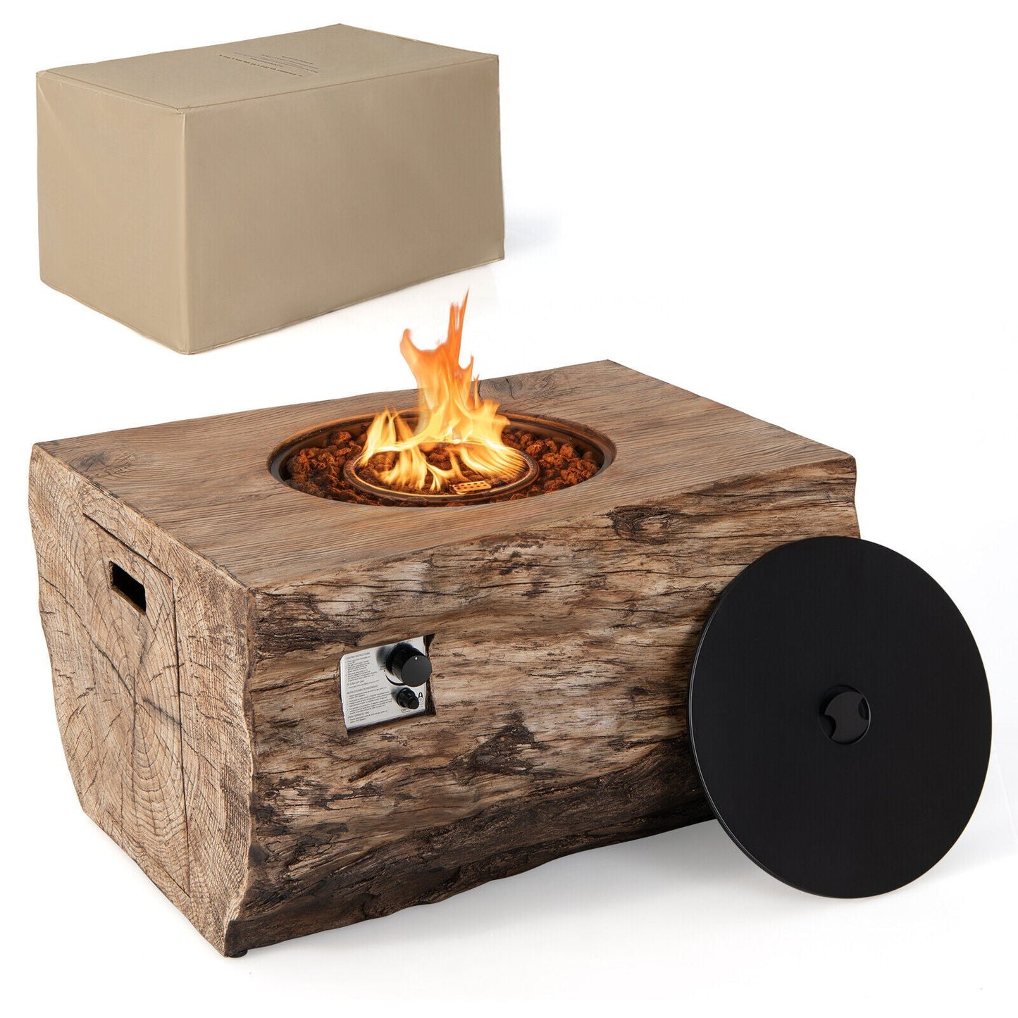 Wooden fire pit table with flames, a cardboard box, and a black lid on a white background