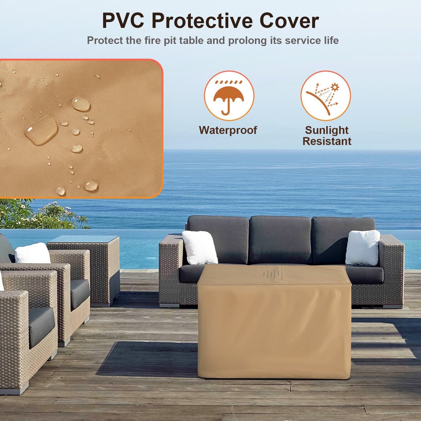 PVC protective cover for outdoor furniture set with ocean view