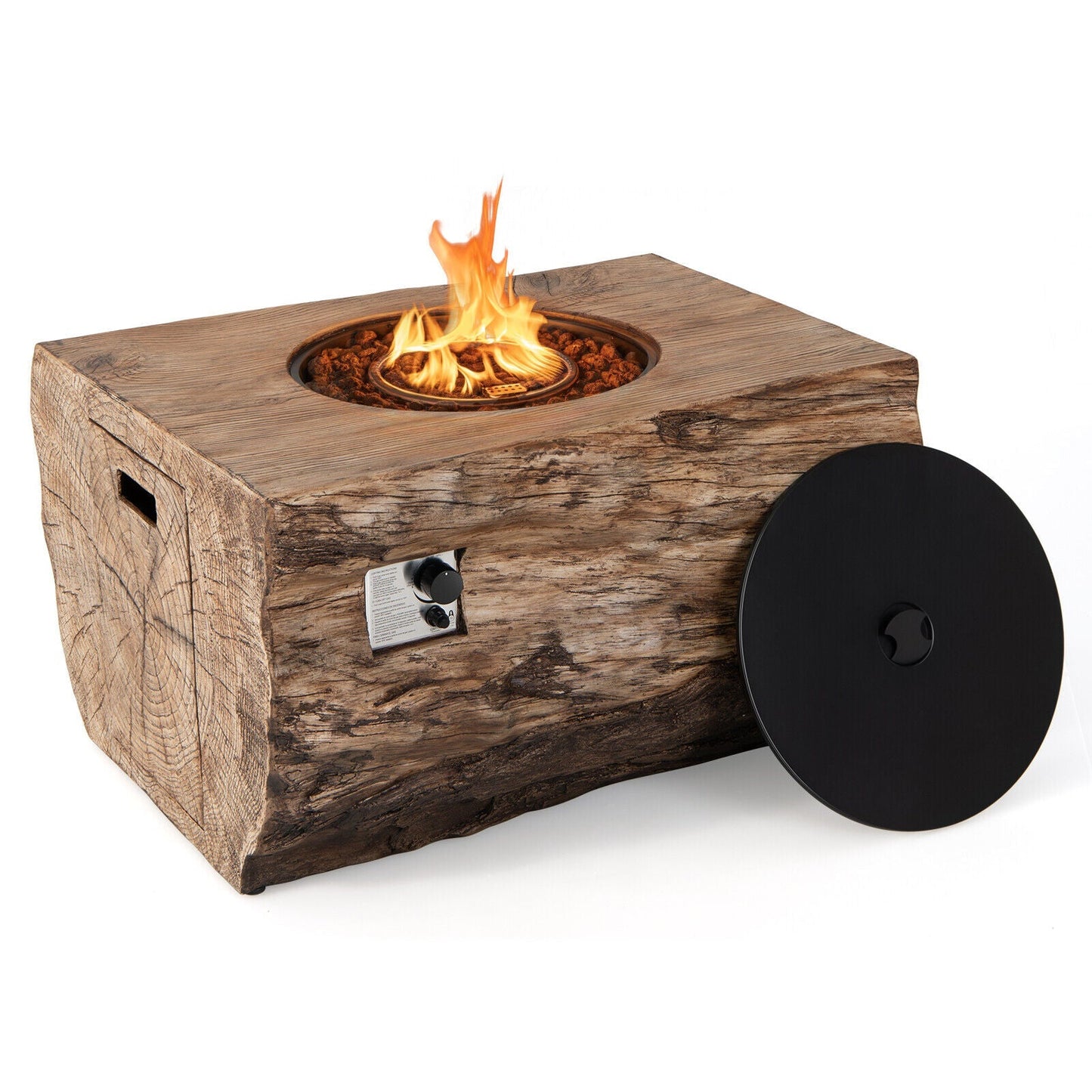 Wooden fire pit table with flames on a white background