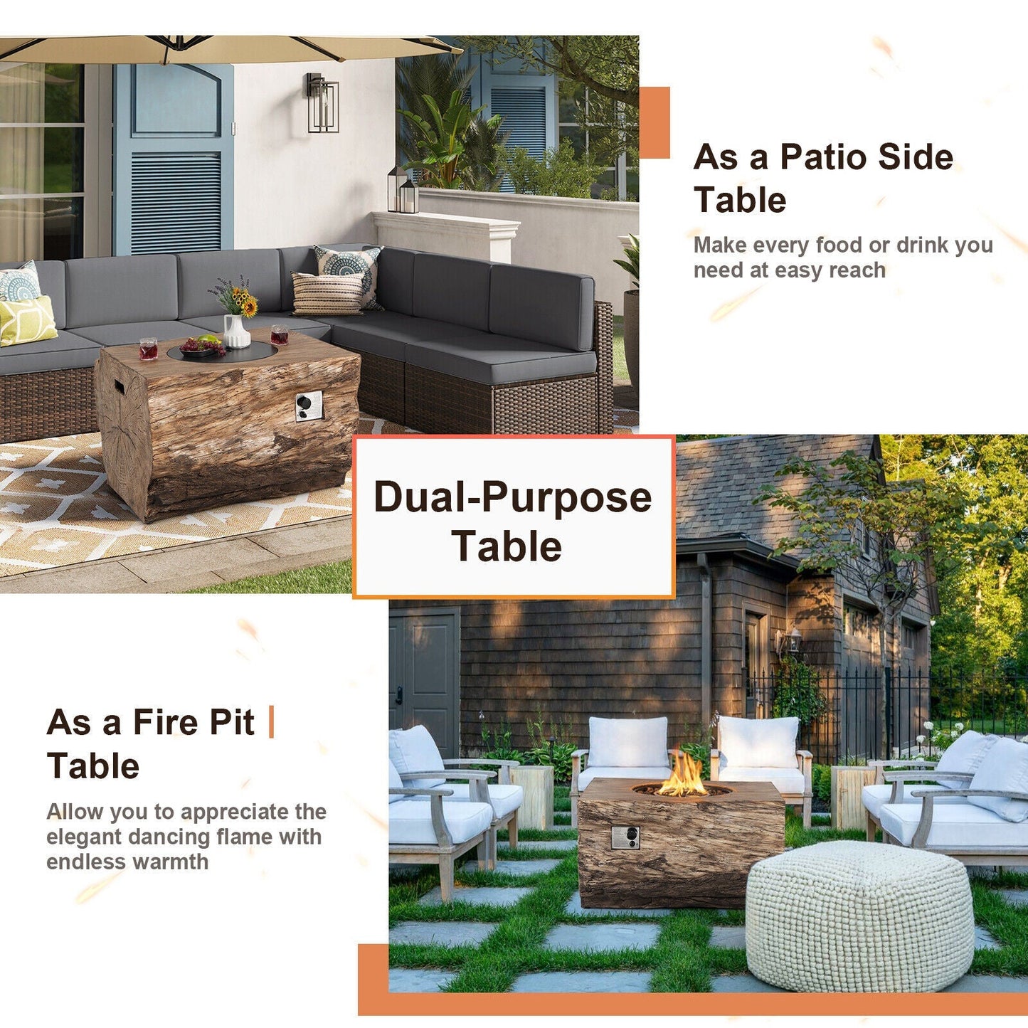 Outdoor furniture set with a wooden table labeled as a dual-purpose table, patio side table, and fire pit table.