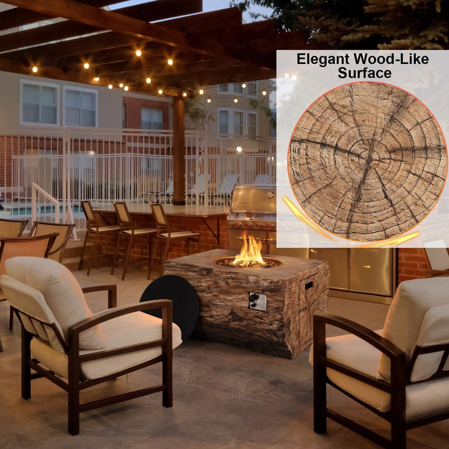 Outdoor patio with fire pit, chairs, and pool area, featuring an inset of wood-like surface texture.