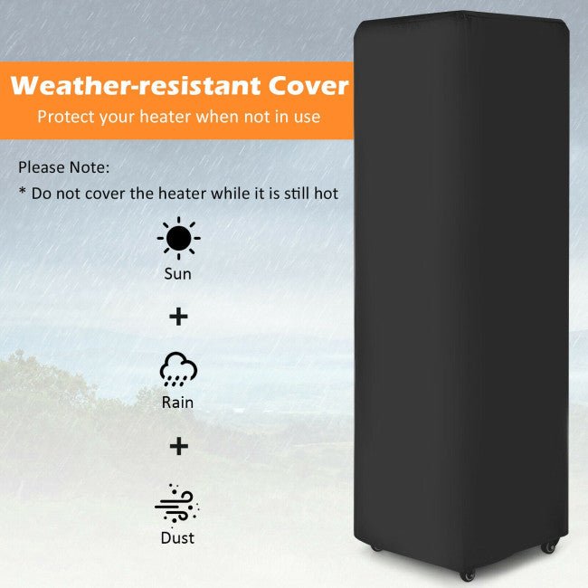 Black weather-resistant cover for a heater with text on a gray background