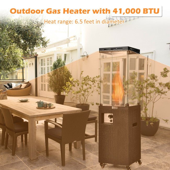 Outdoor gas heater with 41,000 BTU on a patio with table and chairs