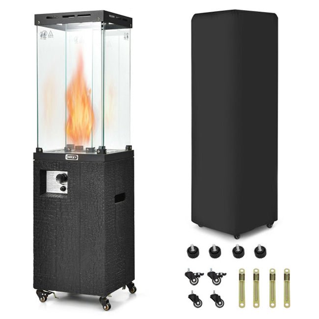 Black outdoor patio heater with wheels, glass cover, and additional parts on a white background