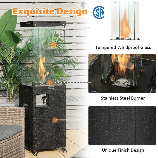 Outdoor fire pit with tempered windproof glass, stainless steel burner, and unique finish design.