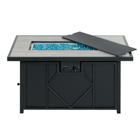 Black outdoor fire pit table with blue flames on a white background