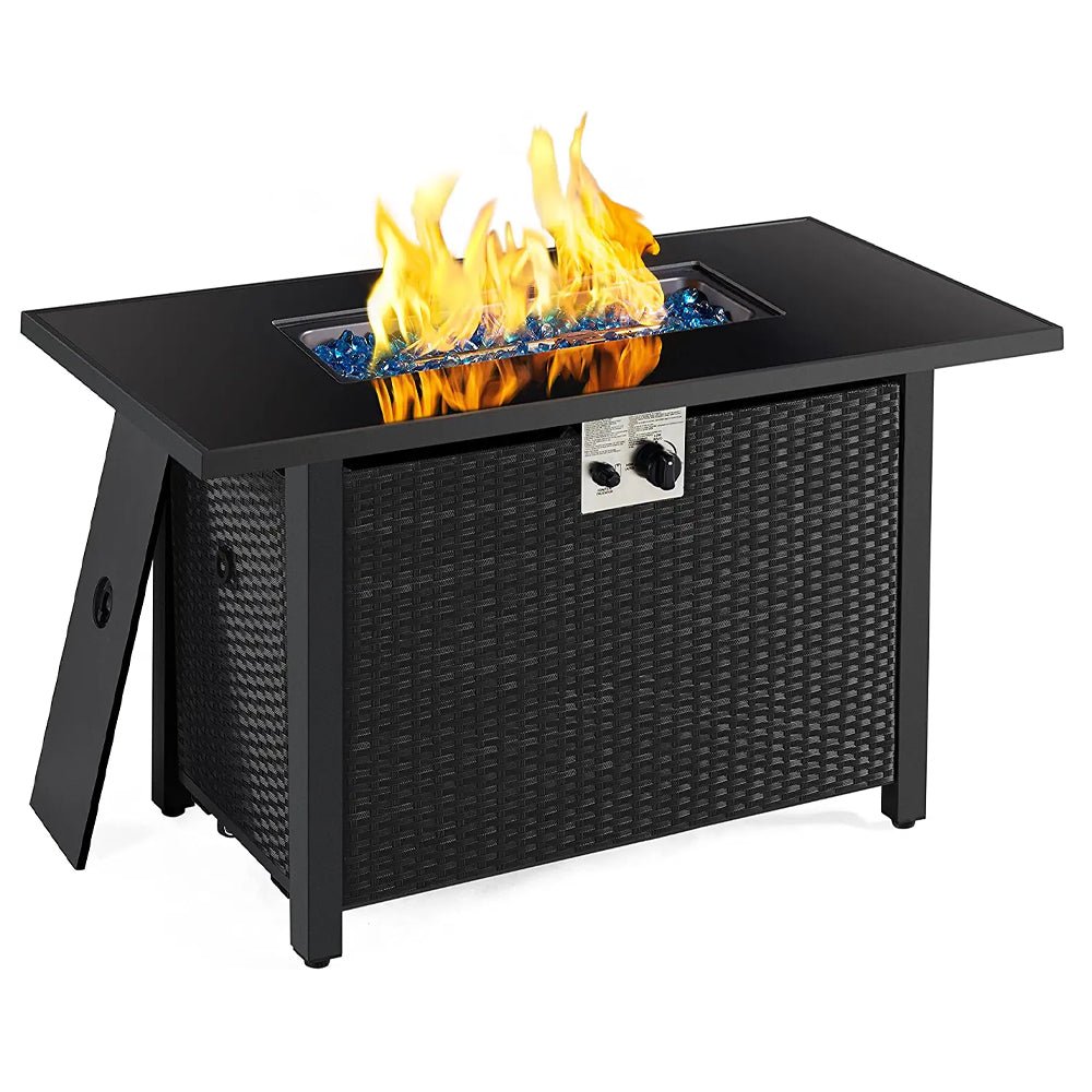 Black fire pit table with flames on a white background