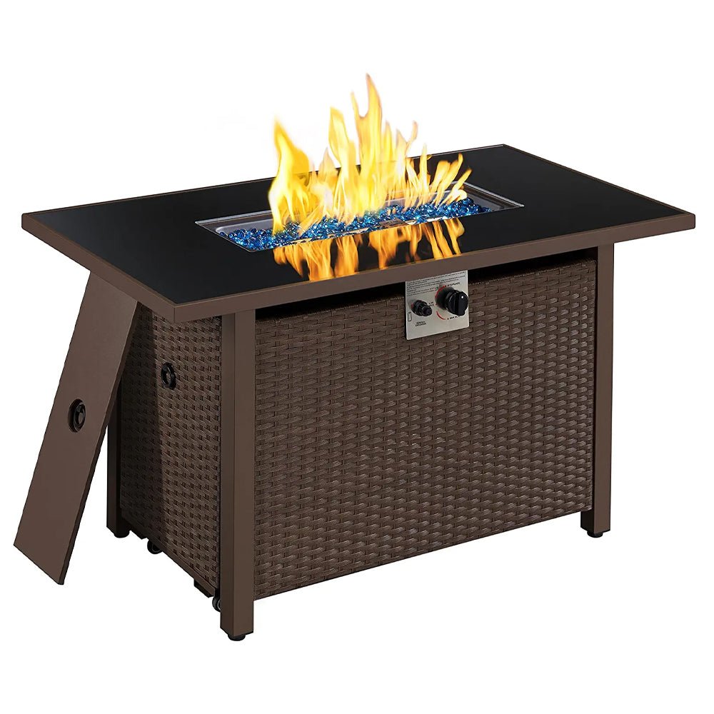 Outdoor fire pit table with flames on a white background
