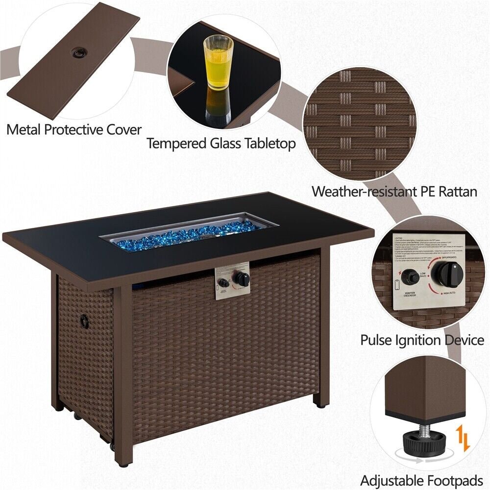 Outdoor fire pit table with features highlighted on a white background